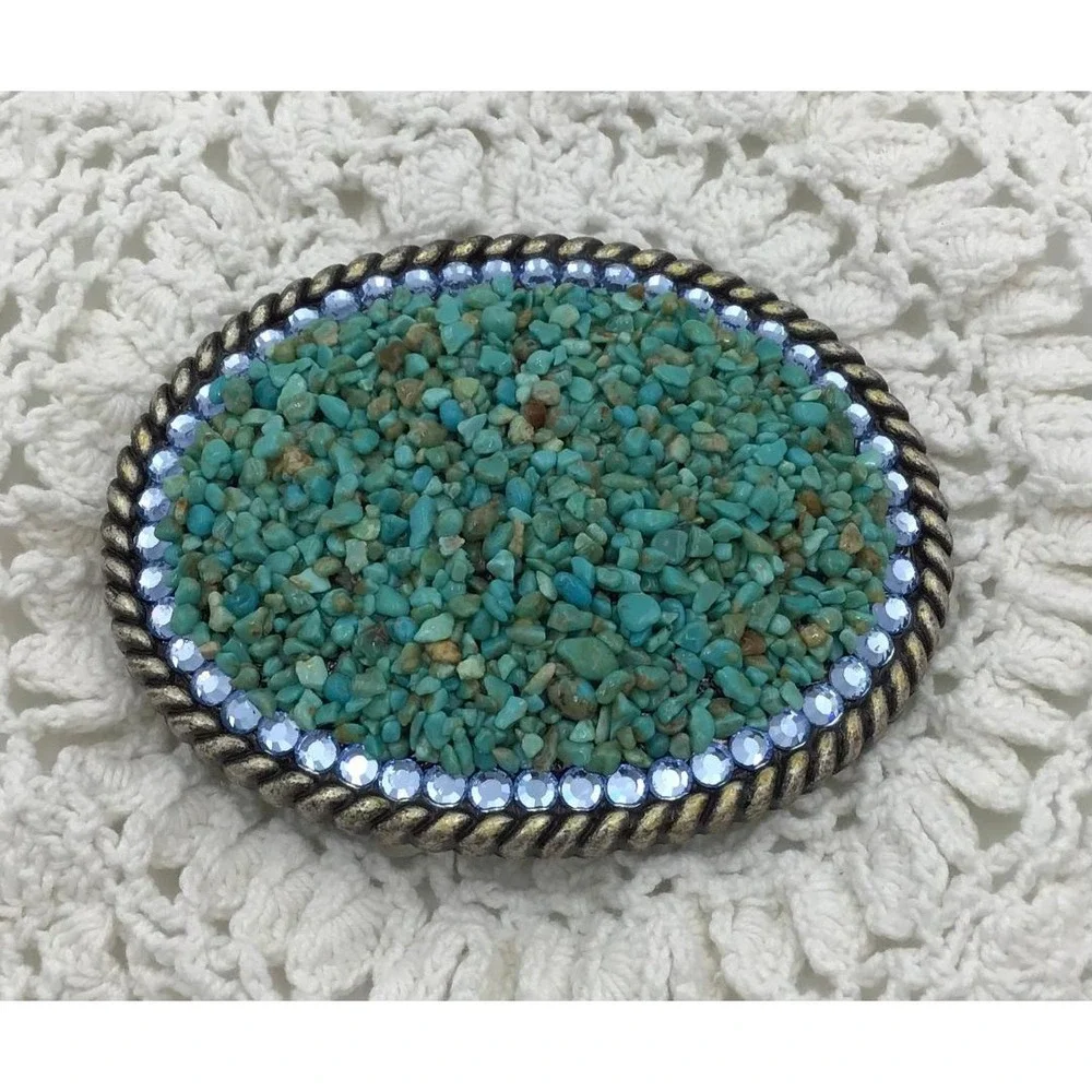 Vintage Turquoise Chip Belt Buckle Blue Rhinestone Rope Edge Western Boho
